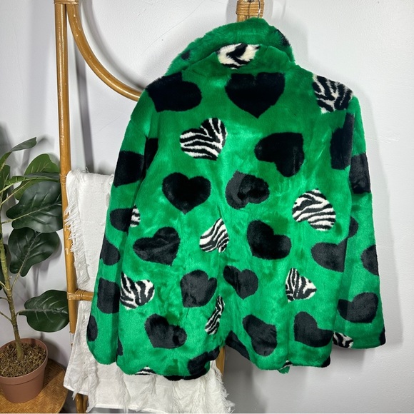Anthropologie Maeve Green and Black Heart Faux Fur Jacket sz M - Picture 5 of 6
